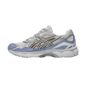 White and gray running shoe with blue accent on a white background